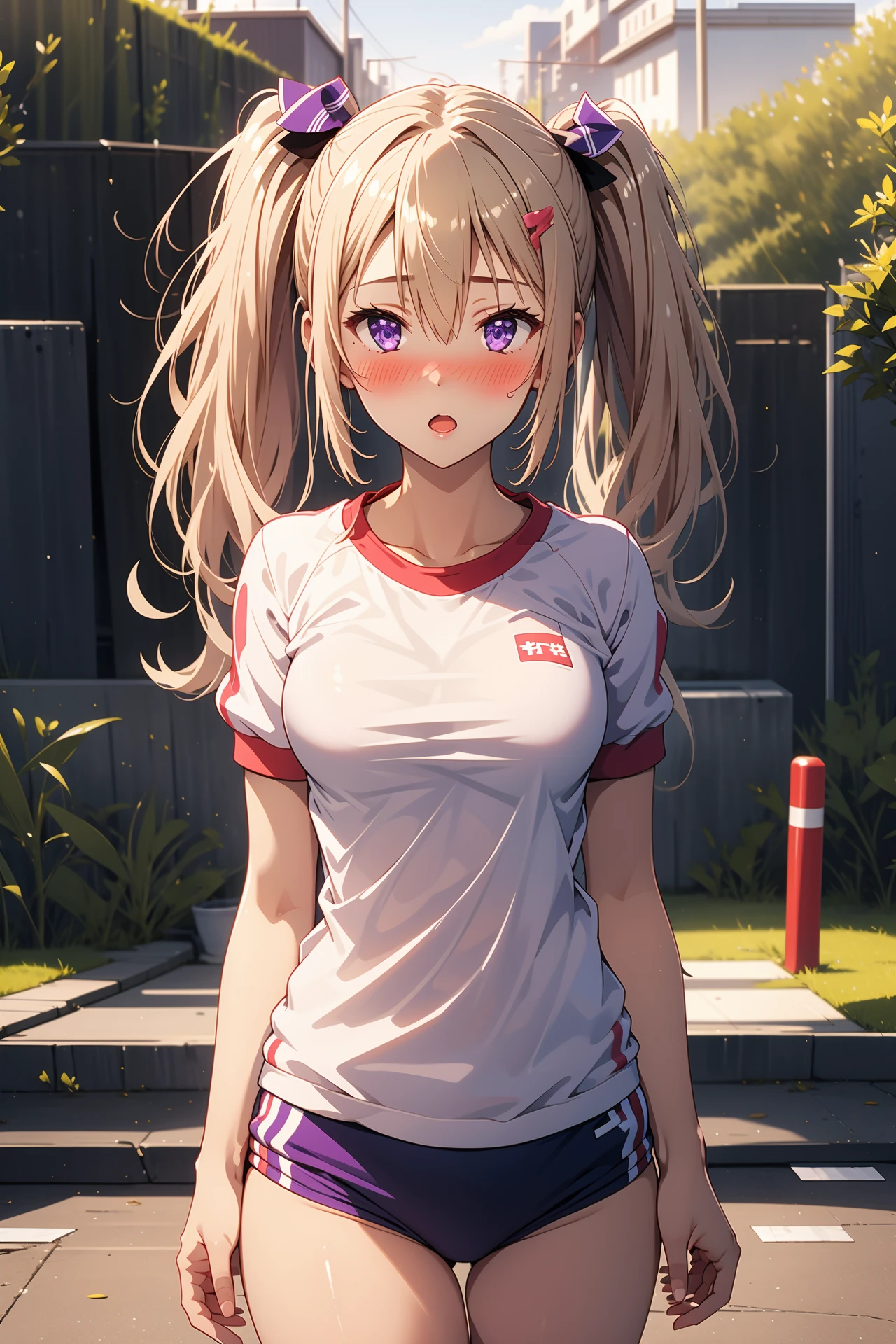 1girl, solo,  outdoors, looking at viewer, (masterpiece:1.2), best quality, high resolution, unity 8k wallpaper, (illustration:0.8), (perfect hands, perfect anatomy), standing, shiny hair, shiny skin, sasha necron, blonde hair, low twintails, hair between eyes, purple eyes, hair ribbon, gym shirt, gym uniform, buruma, :o, thighs, arms at side