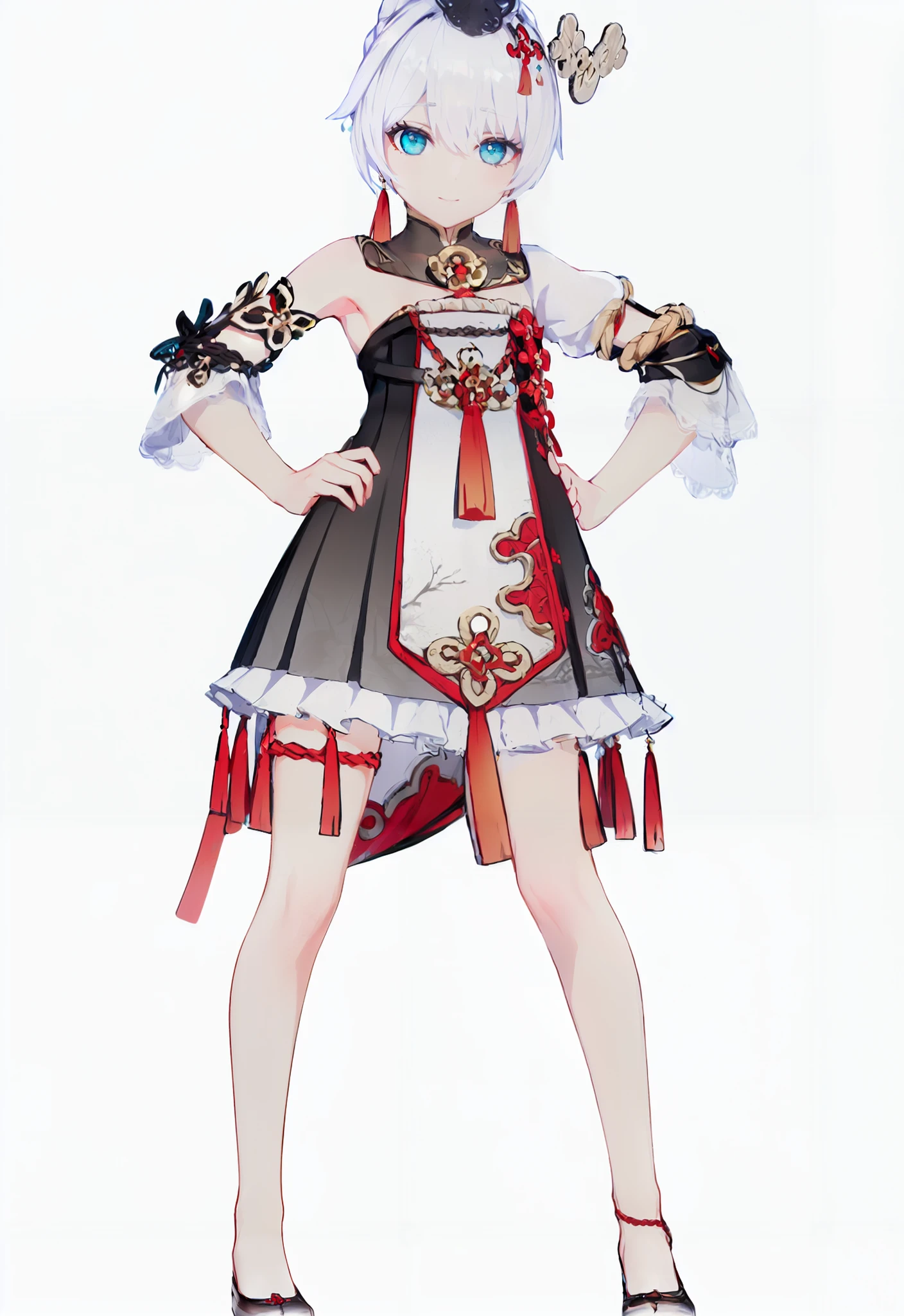 8k,best quality,masterpiece,(ultra-detailed:1.1),(high detailed skin),
(full body:1.3),white background,standing,looking at viewer,(solo:1.4),hand on hip,
<lora:chunlai-v100:0.8:lbw=OUTALL>,chunlai,1girl,blue eyes,chinese clothes,white hair,theresa apocalypse,bangs,dress,hair ornament,
(white background, simple background:1.6),
(beautiful_face),((intricate_detail)),clear face,
((finely_detailed)),fine_fabric_emphasis,
((glossy)),full_shot,