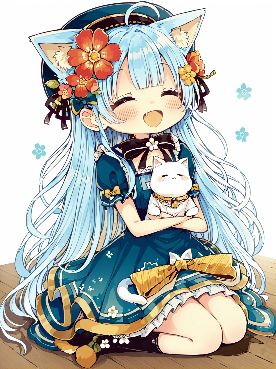 masterpiece,best quality,highest quality,best anatomy,sakura oriko,<lora:OPP	0J00SSDXL_LoHA>,1girl,animal ears,cat,cat ears,flower,hair flower,dress,closed eyes,ahoge,hair ornament,long hair,blue hair,sitting,animal ear fluff,puffy sleeves,solo,smile,short sleeves,white background,puffy short sleeves,bangs,very long hair,simple background,cat girl,blue dress,animal,:d,fang,blush,black socks,socks,white cat,seiza,chibi,^_^,full body,facing viewer,open mouth,on lap,black bow,black ribbon,hair ribbon,kneehighs,cat tail,red flower,frills,ribbon,animal on lap,