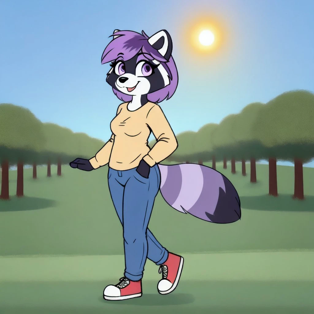 <lora:Foxandsnus_Raccoon-50:0.7>
foxandsnus_raccoon, raccoon, female, solo, 1girl, masterpiece, hair, purple eyes, purple hair,
clothed, cream shirt, long sleeves, blue pants, paws, shoes, happy, walking, side view,
green field, trees, wood, blue sky, sun,