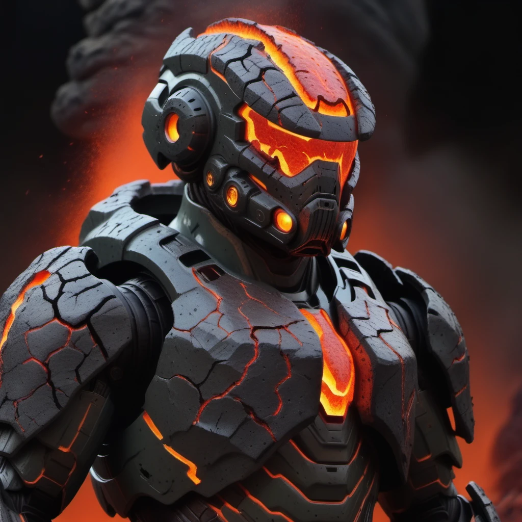 <lora:World_of_Brimstone_XL:1>, scifi, doomguy, armoured, helmet, lava, cracks, made of brimstone,
