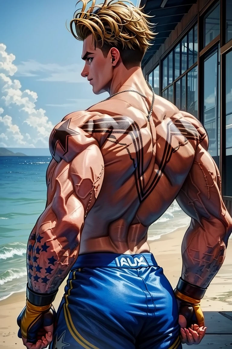 (masterpiece,  best quality:1.2),   ,  (depth of field:1.1), LukeSullivan,  1guy,  medium hair,  bandaid on nose,  face scar,  necklace,  tattoo,  star tatoo,  fighting gloves,  boxing shorts,  ((leggings)),  star tattoos,  at the beach,  view from behind,  looking to viewer,  looking over the shoulder,  cowboy shot, masterpiece,  highness,  perfect face,  perfect picture,  sharp focus, Apple_butt,<lora:EMS-268164-EMS:1.000000>,<lora:EMS-8037-EMS:0.500000>