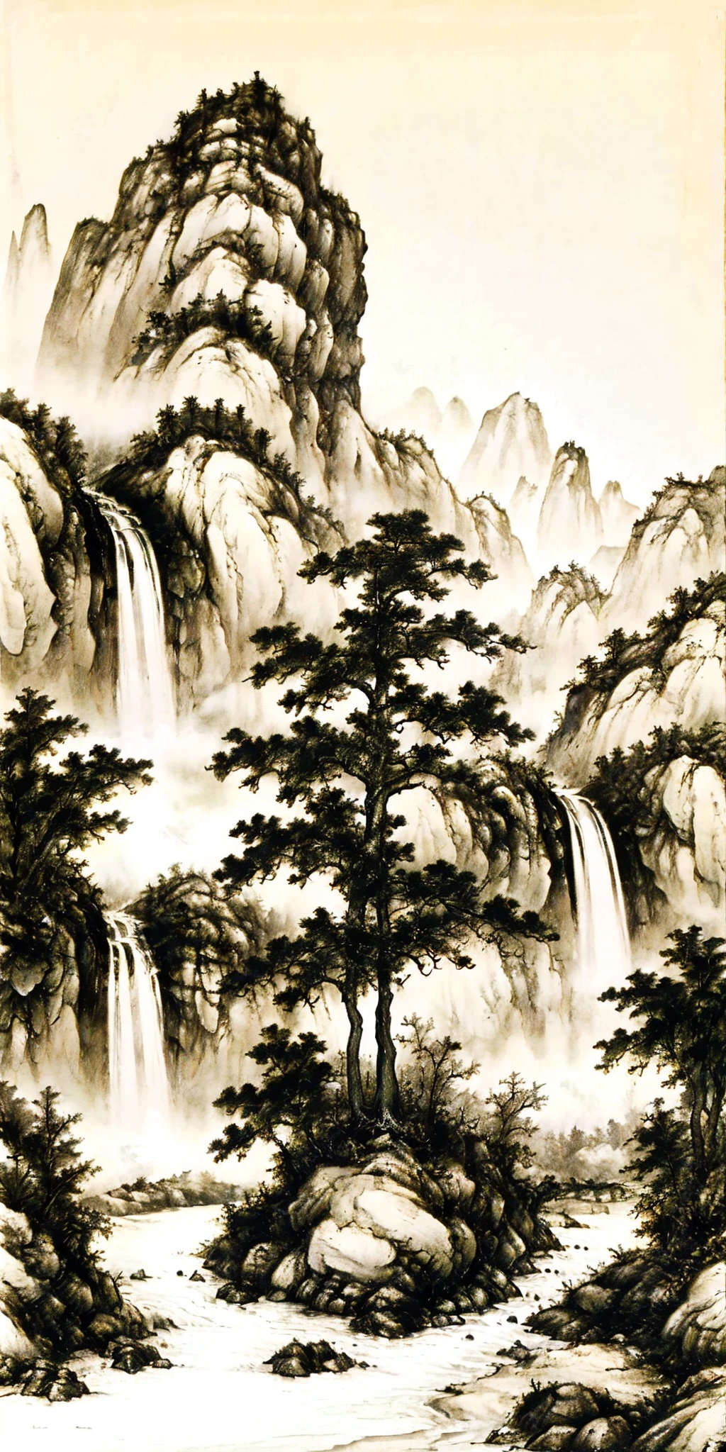 hezi, landscape painting, ancient painting texture, no humans, monochrome, scenery, tree, water, mountain, outdoors, waterfall, greyscale, nature, traditional media, river, landscape, bridge, plant, forest, grass, sky, sepia, cliff, spot color<lora:å±±æ°´ç»-000019:0.6>