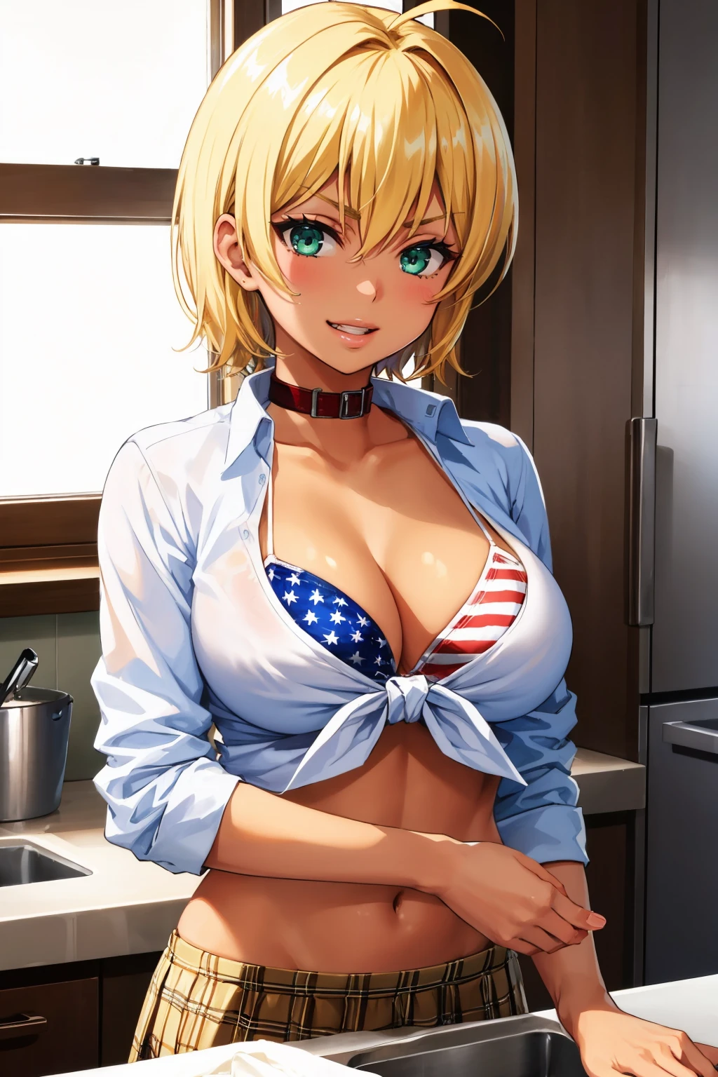masterpiece, best quality, <lora:ikumimito-nvwls-v1-000010:0.9> ikumi mito, blonde hair, dark skin, collar, white shirt, tied shirt, american flag bikini, cleavage, plaid skirt, midriff, large breasts, kitchen, standing, looking at viewer, grin, furrowed brow, upper body, green eyes