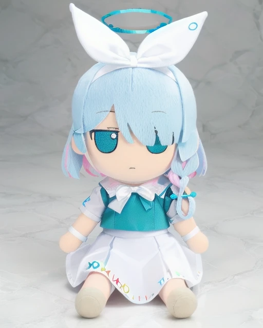 <lora:fumo-v1.0:1> fumo \(doll\), jitome, 1girl, solo, sitting, looking at viewer, <lora:chara-arona-v1:1> arona, 1girl, white hairband, bow hairband, halo, short hair, single braid, white skirt