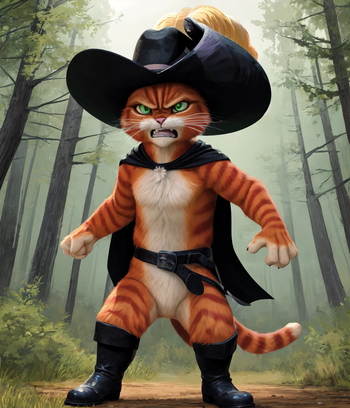 (masterpiece, high quality, best quality:1.2),
puss in boots /\(character/\), anthro, solo, full-length portrait, green eyes, hat, hat feather, black cape, black belt, black boots, standing, fighting stance, angry, frown, clenched teeth, forest
<lora:puss-in-boots-fluffyrock1.5-v1:1>