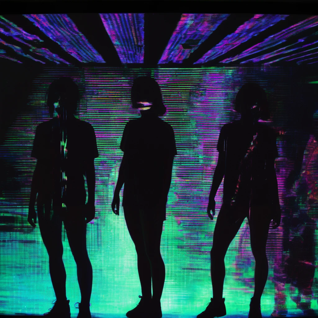 <lora:CorruptedOutputXL:0.8>, CorruptedOutputXL, people in a dark room, dancing, distortion, glow, static, glitch art
