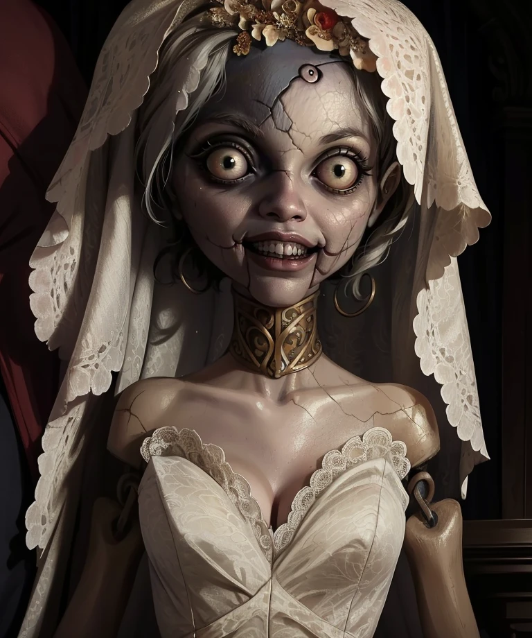 angie,black pupils,grey hair,short hair,doll joints,wide-eyed,doll,
wedding dress,bridal veil,cleavage,sleeveless,cracked skin,smile,third eye,
upper body, standing,
mansion,dim lighting,horror \(theme\),
(insanely detailed, beautiful detailed face, masterpiece, best quality),<lora:angie:0.8>,