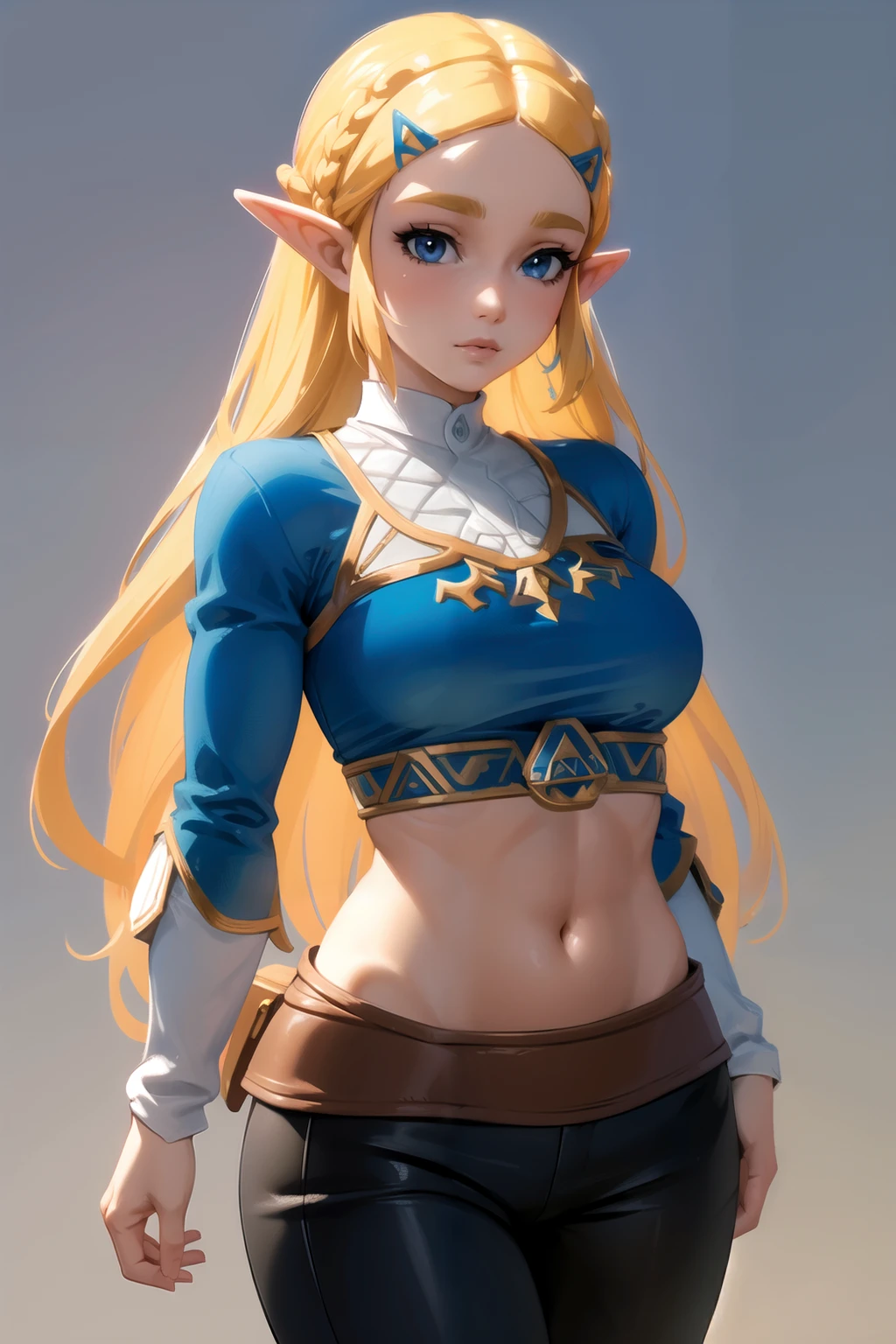 8k, hight quality, best quality, Zelda, preteenager, lunar on the cheek, clean armpits,  thin waist, hairband, blond hair, long hair, brunette skin, blue eyes, sexy look, (waifu), blue dress, shotrs pant dress, stand, middle smile, red lips.