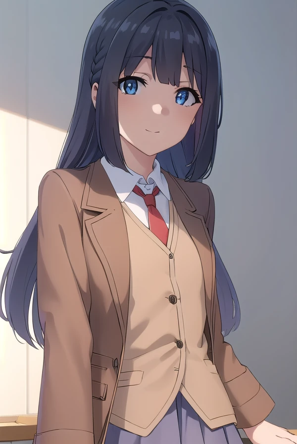 shoukomakinohara, <lora:shouko makinohara s1movie-lora-nochekaiser:1>,
shouko makinohara, long hair, blue eyes, black hair, braid, smile,
BREAK skirt, shirt, school uniform, white shirt, short sleeves, pantyhose, pleated skirt, collared shirt, blue skirt, black pantyhose, red necktie, jacket, (brown jacket:1.5),
BREAK indoors, classroom,
BREAK looking at viewer, (cowboy shot:1.5),
BREAK <lyco:GoodHands-beta2:1>, (masterpiece:1.2), best quality, high resolution, unity 8k wallpaper, (illustration:0.8), (beautiful detailed eyes:1.6), extremely detailed face, perfect lighting, extremely detailed CG, (perfect hands, perfect anatomy),