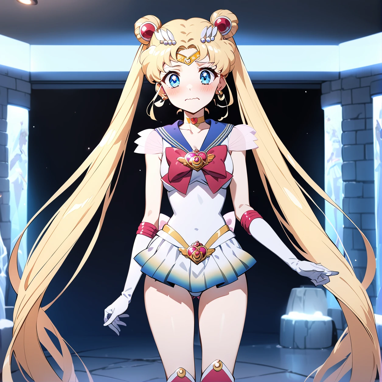 best quality, ultra-detailed,  (1girl, solo,<lora:sdxl-supersailormoon-v1-2:1>, supersailormoon, double bun, twintails, circlet, earrings, choker, bow, gloves, leotard, miniskirt, standing, boots, ,wavy mouth, ), at an ice hotel