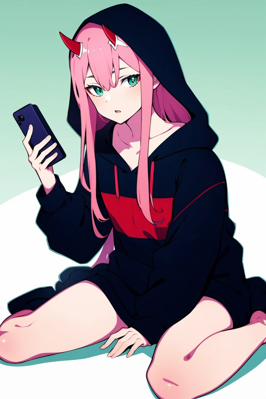masterpiece, best quality, <lora:zerotwo:1>,1girl, red skin, zero two (darling in the franxx), solo, aged down, colored skin, horns, pink hair, hair between eyes, hood, sitting, barefoot, holding, looking at viewer, anklet, child, hood down, wariza, long sleeves, long hair, oni horns, full body, open mouth, green eyes, parted lips, phone, aqua eyes, red pupils, jewelry, oni, book