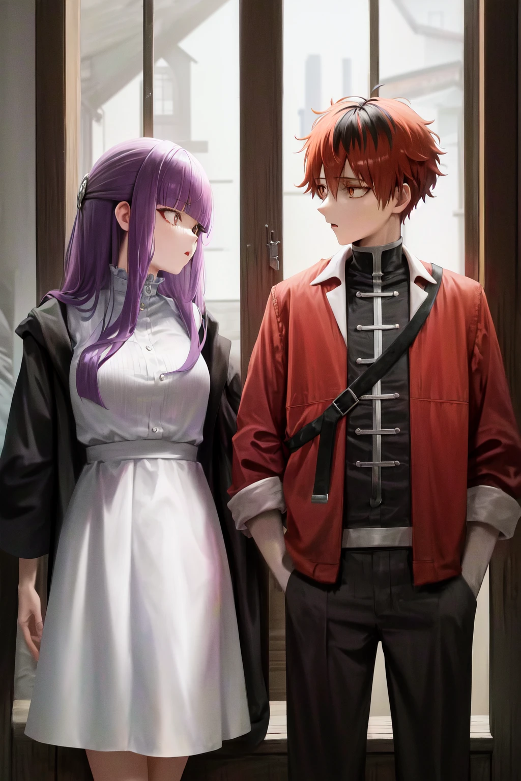 masterpiece, best quality, highres,
1girl fern, black jacket white dress,
1boy stark, red jacket open clothes black pants
<lora:stark_fern_3:1>