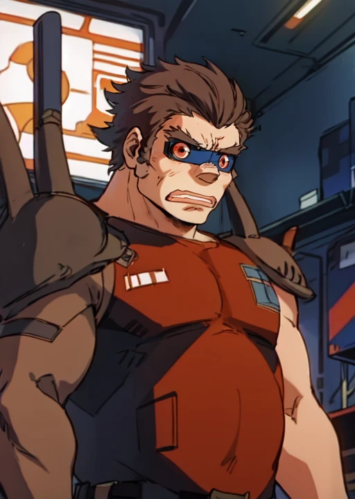 buaku, solo, standing, male, aged, upper body, short hair, visor with red lenses, angry, <lora:Buaku_Dominion_Tank_Police:1>