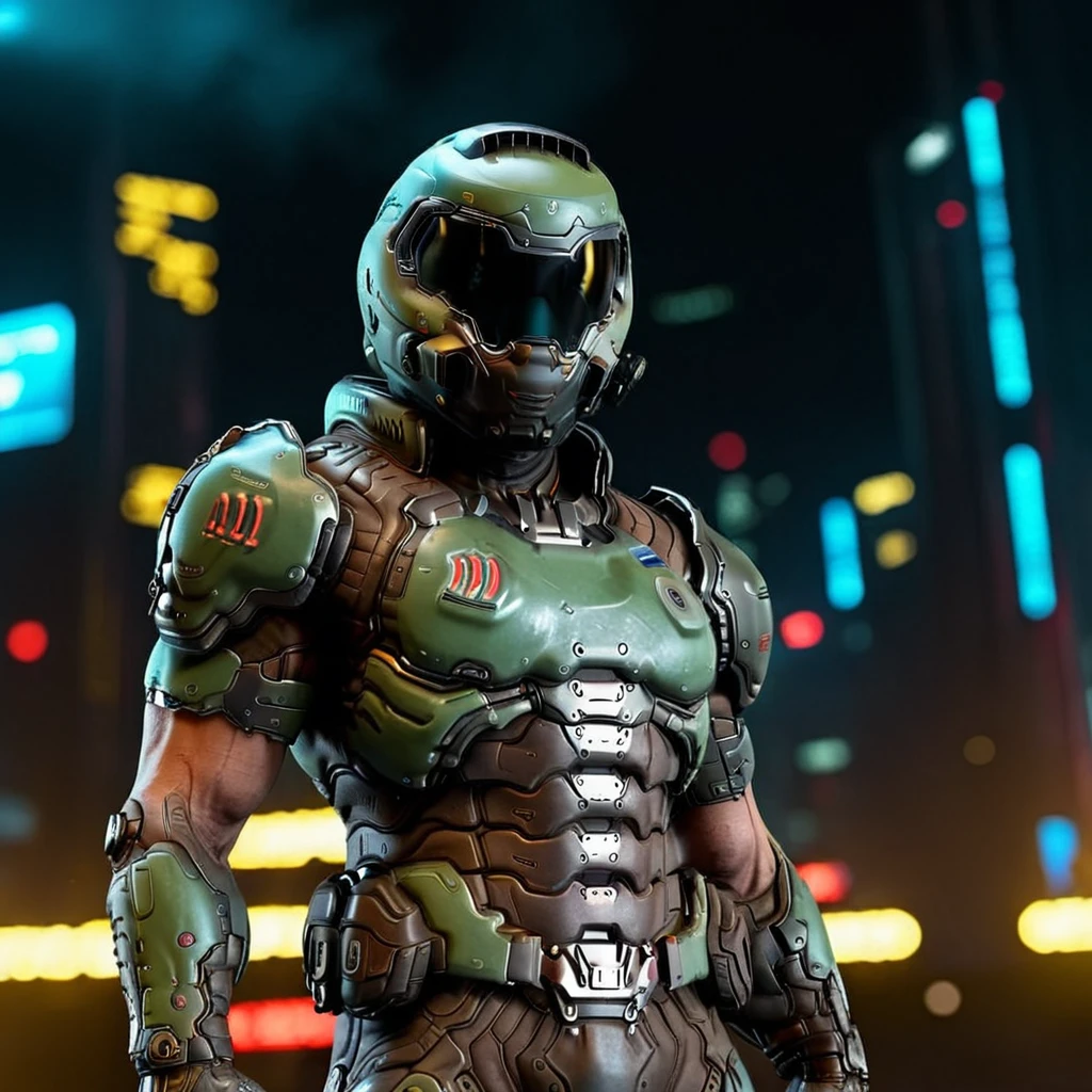 cinematic photo a man with a helmet, side view, full body,cyberpunk background <lora:Doom1024-000350:0.8> . 35mm photograph, film, bokeh, professional, 4k, highly detailed