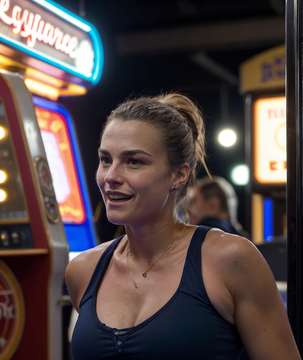 cinematic film still ,realistic, <lora:quiron_ArynaSabalenka_v1_lora:0.87> ArynaSabalenkaQuiron playing tennis, best quality, masterpiece, at forgotten amusement arcade, dusty machines, faded memories, echoes of joy, . shallow depth of field, vignette, highly detailed, high budget Hollywood movie, bokeh, cinemascope, moody, epic, gorgeous, film grain, grainy