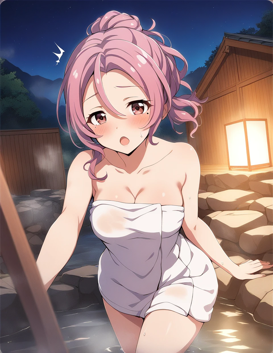 ((highest quality, High resolution,  Perfect Pixel,  4k)), (1 girl),  (Beautiful Anime Girls), 
Watching the audience, 
Perfect body, 

yuigahama yui, (Big Breasts:1.5)、Detailed eyes、Brown eyes、、

(blush:1.5)、

(Naked bath towel)、White towel、

Depth of written boundary、Upper Body、
Focus on the chest、(Sweat:1.5)、steam、Fever、Estrus、Close ~ eyes、
In the sauna、dark、