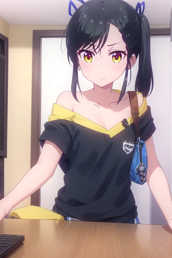tsubamenarumi, <lora:tsubame narumi s2-lora-nochekaiser:1>, 
tsubame narumi, black hair, ribbon, hair ribbon, (yellow eyes:1.3), side ponytail, braid, single braid,
BREAK collarbone, shirt, off shoulder, bra strap, short sleeves,
BREAK indoors, office,
BREAK looking at viewer, (cowboy shot:1.5),
BREAK <lyco:GoodHands-beta2:1>, (masterpiece:1.2), best quality, high resolution, unity 8k wallpaper, (illustration:0.8), (beautiful detailed eyes:1.6), extremely detailed face, perfect lighting, extremely detailed CG, (perfect hands, perfect anatomy),