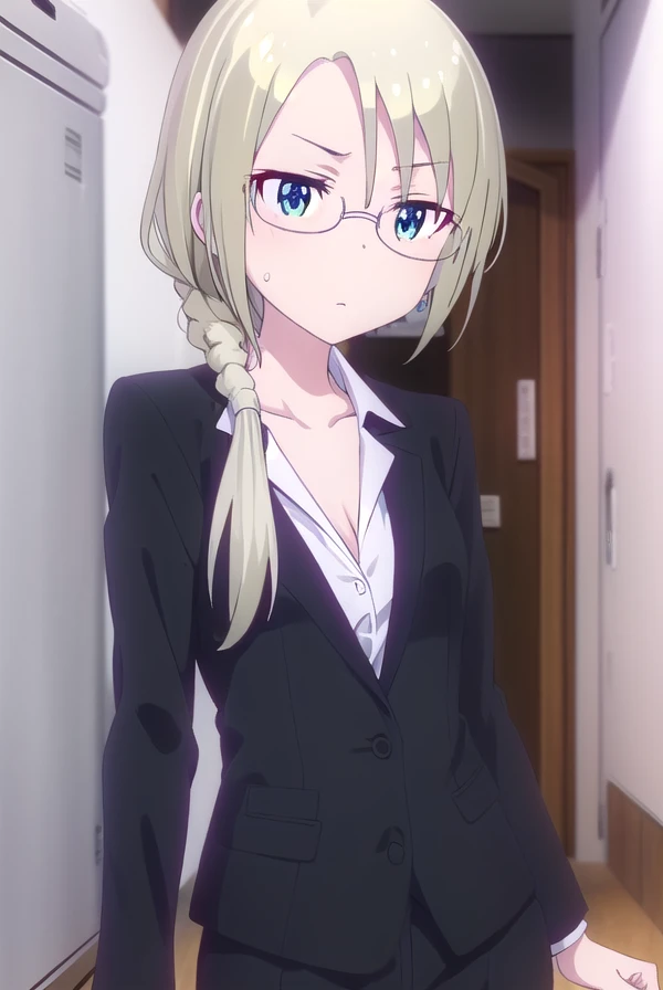 christinawakoyamato, <lora:christina wako yamato s2-lora-nochekaiser:1>,
christina wako yamato, long hair, blue eyes, blonde hair, (green eyes:1.3), glasses, hair over shoulder, semi-rimless eyewear, low ponytail, under-rim eyewear,
BREAK shirt, collarbone, jacket, white shirt, pants, black jacket, black pants, formal, suit, office lady, pant suit,
BREAK indoors, office,
BREAK looking at viewer, (cowboy shot:1.5),
BREAK <lyco:GoodHands-beta2:1>, (masterpiece:1.2), best quality, high resolution, unity 8k wallpaper, (illustration:0.8), (beautiful detailed eyes:1.6), extremely detailed face, perfect lighting, extremely detailed CG, (perfect hands, perfect anatomy),
