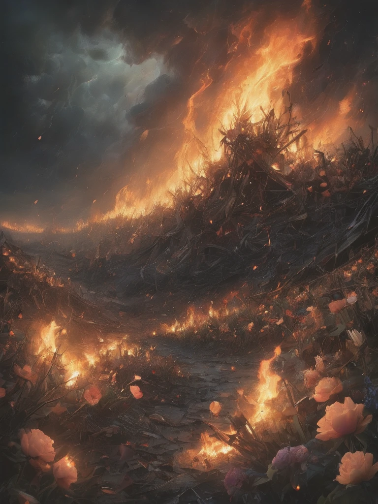 letitbrn, illustration , a devastated and burning field of flowers with flaming pedals scattering in a storm, intricate ligh, dark, desolation,  glow, global illumination, charred, flames, <lora:- SDXL - letitbrn_let_it_burn_V1.0:0.6>