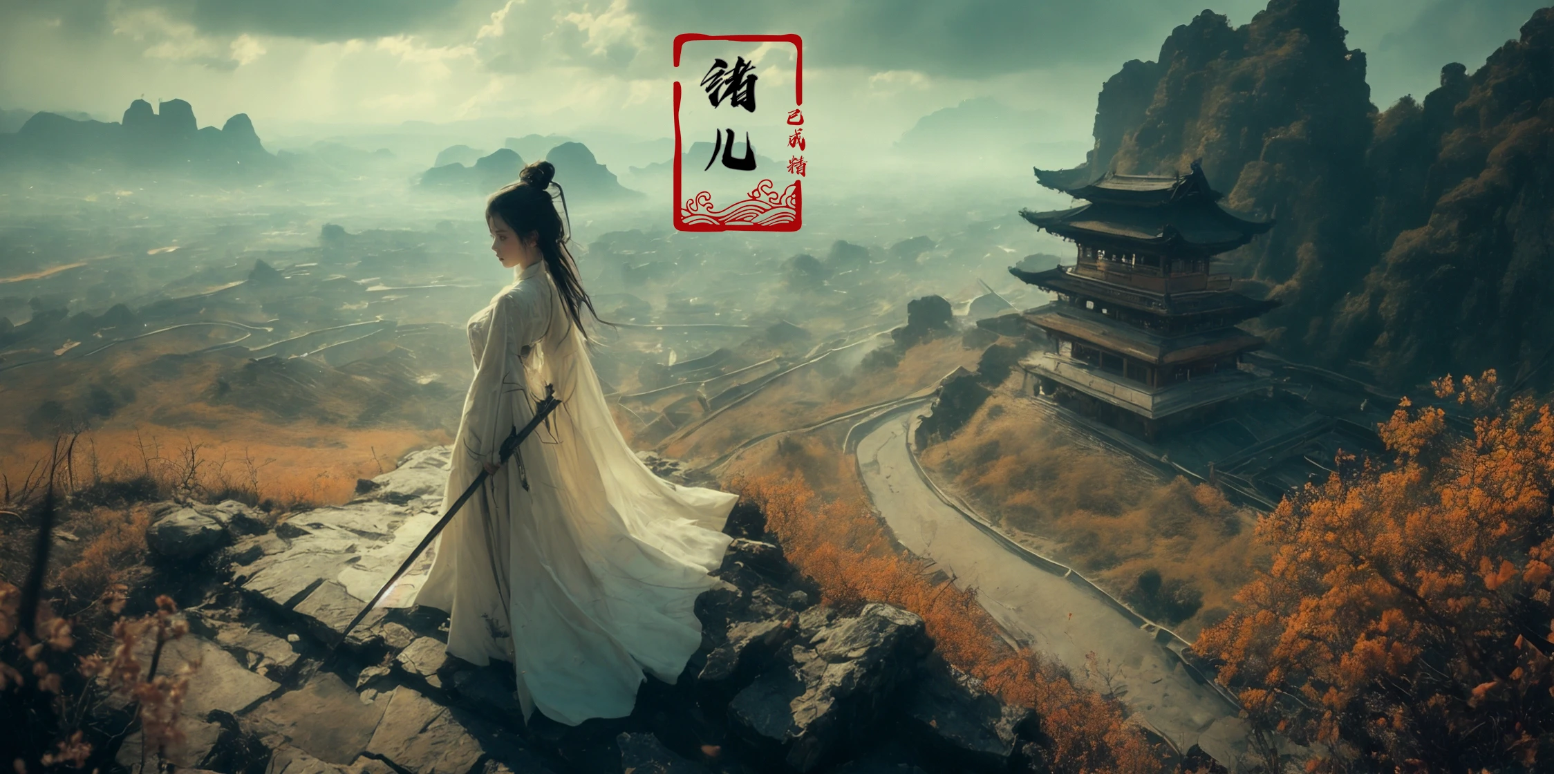 ultra high resolution, ((masterpiece))), (((best quality))), ((super detailed)),  ((extremely delicate and beautiful)),cinematic light, detailed environment(real), (wide shot, wide-angle lens,Panoramic:1.2),super vista, super wide AngleLow Angle shooting, super wide lens, Dynamic Angle, Perspective, High Point,pov(from above:1.1),
1girl, solo, east asian architecture,
designed by greg manchess,smoke, a model woman, bright eyes, glossy lips, futuristic gold face war paint, trending on art station, photoreal,
8 k, octane render by greg rutkowski,  art by Carne Griffiths and Wadim Kashin ,in the style of Dau-al-Set, Pollock, and inspired by MAPPA and Zdzislaw Beksinski,
<lora:~Q?N-VRQV2 xuer Ancient Chinese sword:0.8>