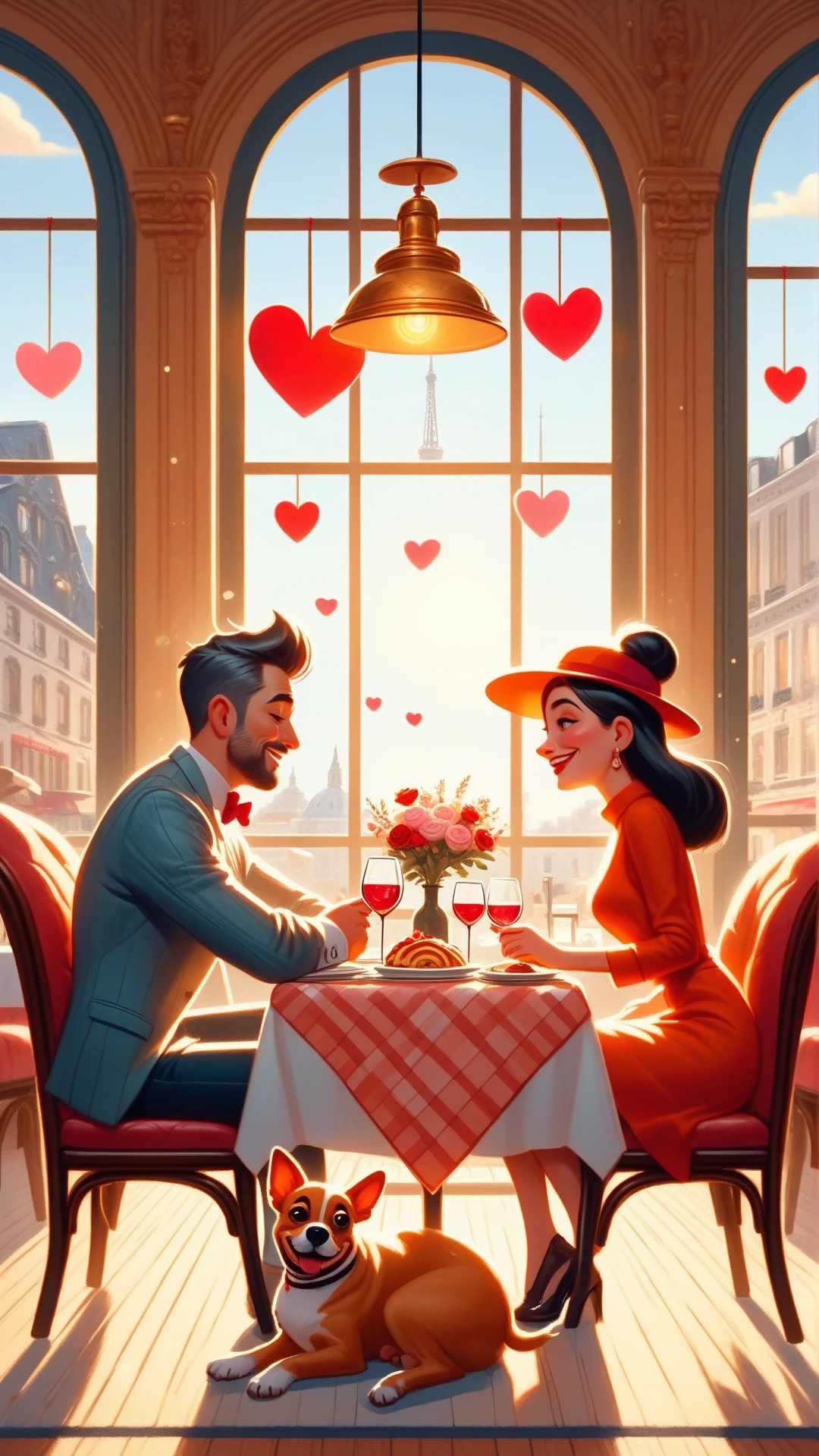 valentine's day date,in a stylish restaurant,a man 1 a woman couple eating,warm sunlight shines in from the floor-to-ceiling windows,at the foot of the 1 dog,<lora:valentine's day date_XSE_GAME_V1:0.8>,