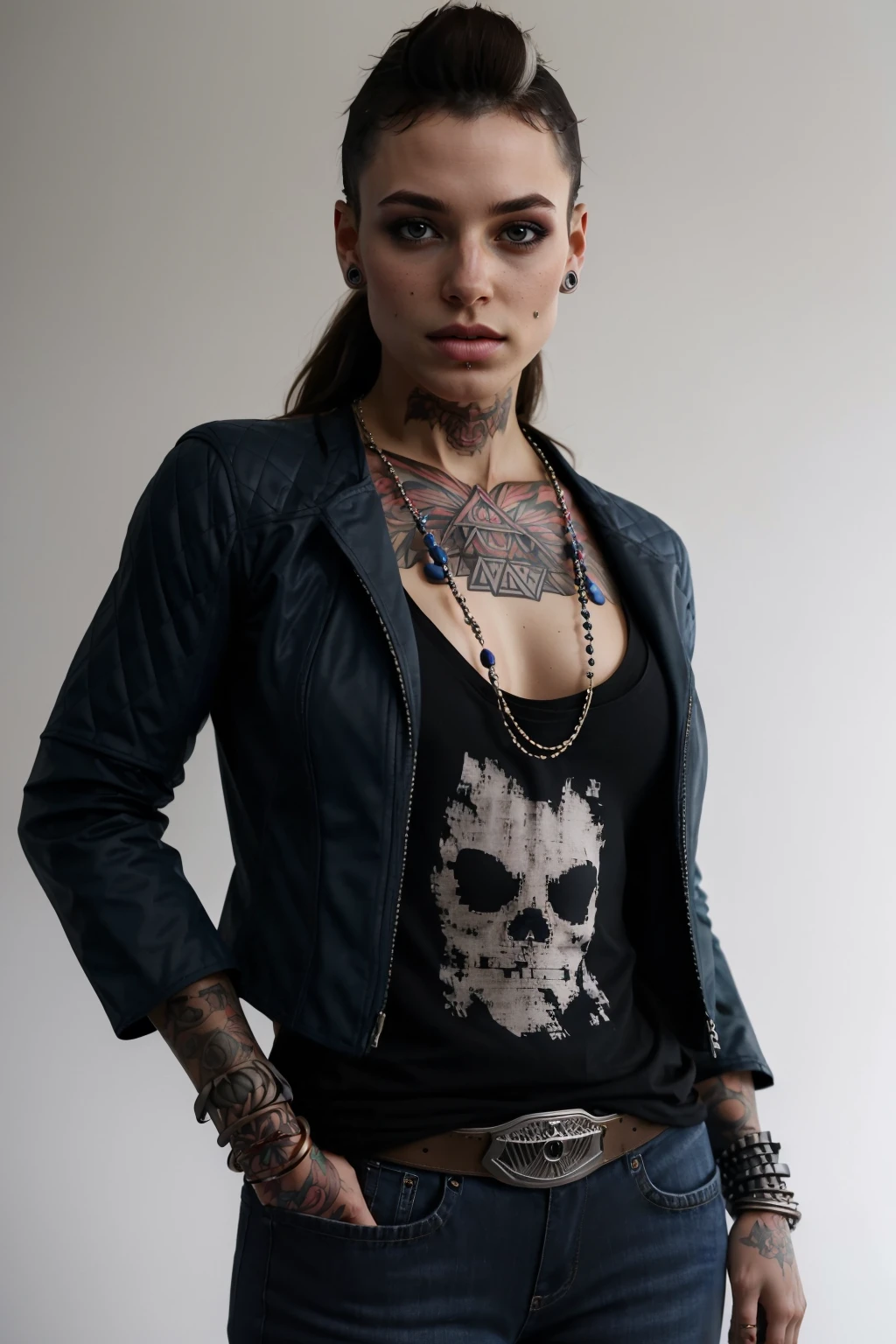 masterpiece, best quality, 1girl, solo, looking at viewer, breasts, <lora:claralille-guy-v2:.9>, claralille, tattoo, piercing, jacket, pants, makeup, necklace, bracelet, earrings, shirt, simple background, white background, cowboy shot,