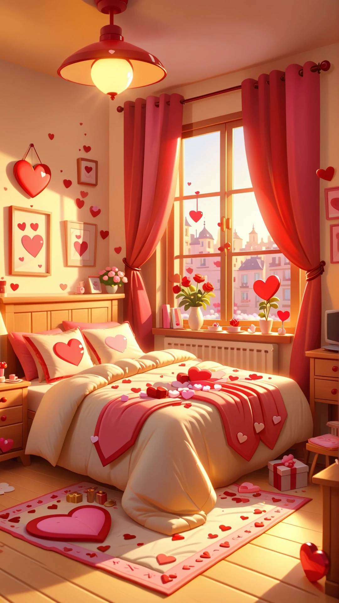 cartoon style,<lora:valentine's day date_XSE_GAME_V1:0.8>,valentine's day date,the warm sunshine,empty bedroom,