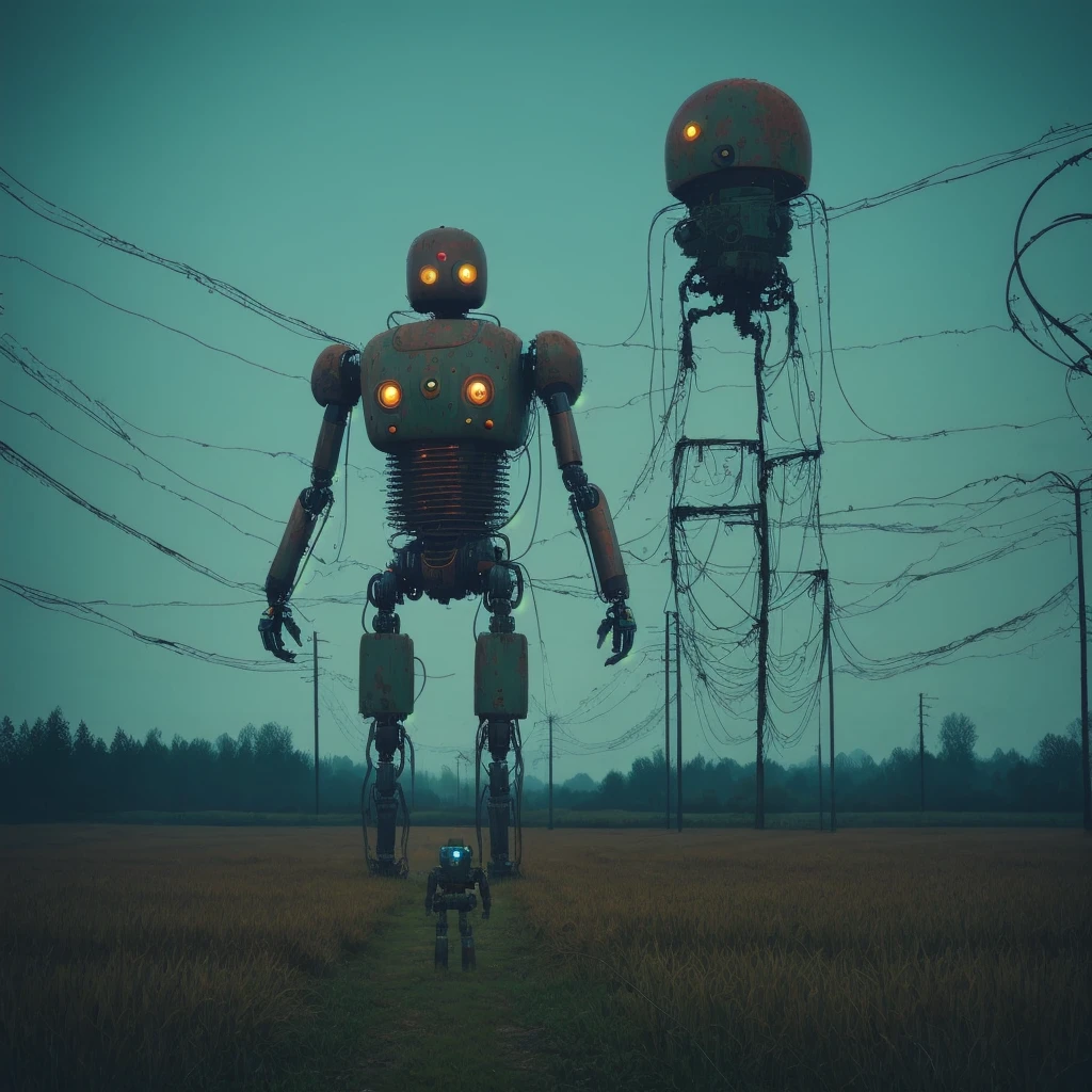 robot standing in a field covered in rust and vines   looking away from camera   highly detailed,   8k,   sharp,  professional, clear,   high contrast, high saturated,  vivid deep blacks, crystal clear Simon Stalenhag Style 