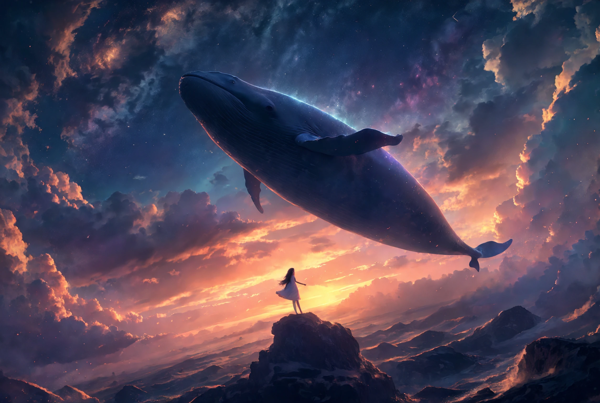 xuer Big whale, 1girl, whale, sky, long hair, star \(sky\), solo, dress, standing, starry sky, cloud, scenery, oversized animal, blue theme, night, outdoors, light particles, night sky, wide shot
<lora:~Q?-| xuer Big whale:0.8>