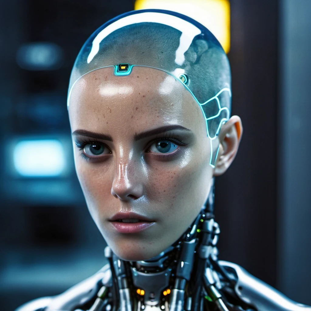 Frontal portrait photo of a gorgeous robot female warrior without hair, a (glass head) and glowing computer brain, ex machina style, android, cyberpunk style, nightcity, Nikon P1000, f/1.8, 35mm, <lora:kascodelario_xl_1_standard-merger_56_98_06_04:1>