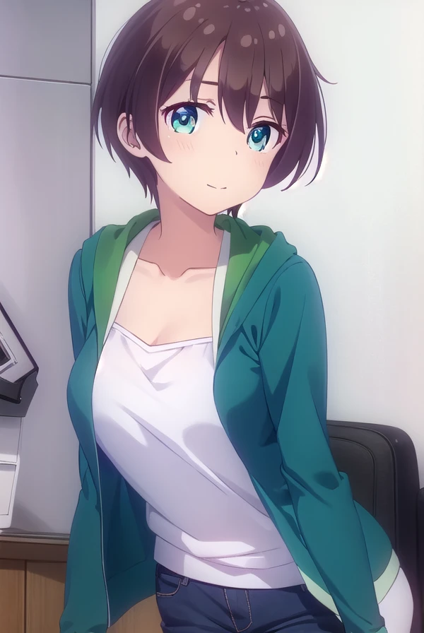 hajimeshinoda, <lora:hajime shinoda s2-lora-nochekaiser:1>, 
hajime shinoda, short hair, bangs, brown hair, (green eyes:1.3), ahoge, smile,
BREAK shirt, long sleeves, collarbone, jacket, open clothes, pants, hood, open jacket, hoodie, hood down, blue jacket, yellow shirt,
BREAK indoors, office,
BREAK looking at viewer, (cowboy shot:1.5),
BREAK <lyco:GoodHands-beta2:1>, (masterpiece:1.2), best quality, high resolution, unity 8k wallpaper, (illustration:0.8), (beautiful detailed eyes:1.6), extremely detailed face, perfect lighting, extremely detailed CG, (perfect hands, perfect anatomy),