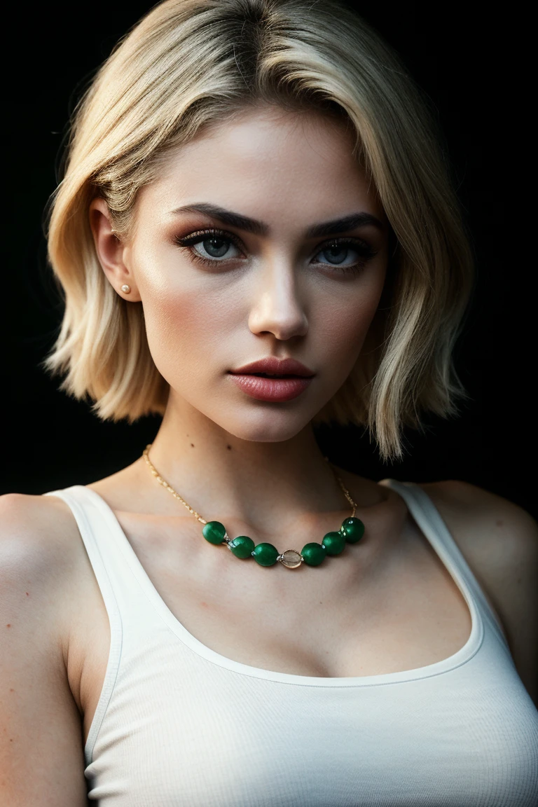 Woman (Imogen Poots:Emily Bett Rickards), 25 years old, curvy, red hair, pixie cut hair, ((eyes brown-green)), rounded chin, fleshy lips, aquilin nose, Only, colossale tits, (colossale tits :1.2) looking at the viewer, bare shoulders, jewelry, whole body, necklace, off shoulder, nude, visit a bar, realistic, flirting with camera