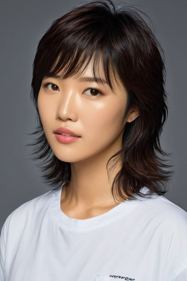 <lora:A_Mullet_Cut_v3_SDXL:1.5> mullet-cut, masterpiece, realistic, 8k, (1woman), (asian:1.5), white shirt, (brown hair:1.1) ,