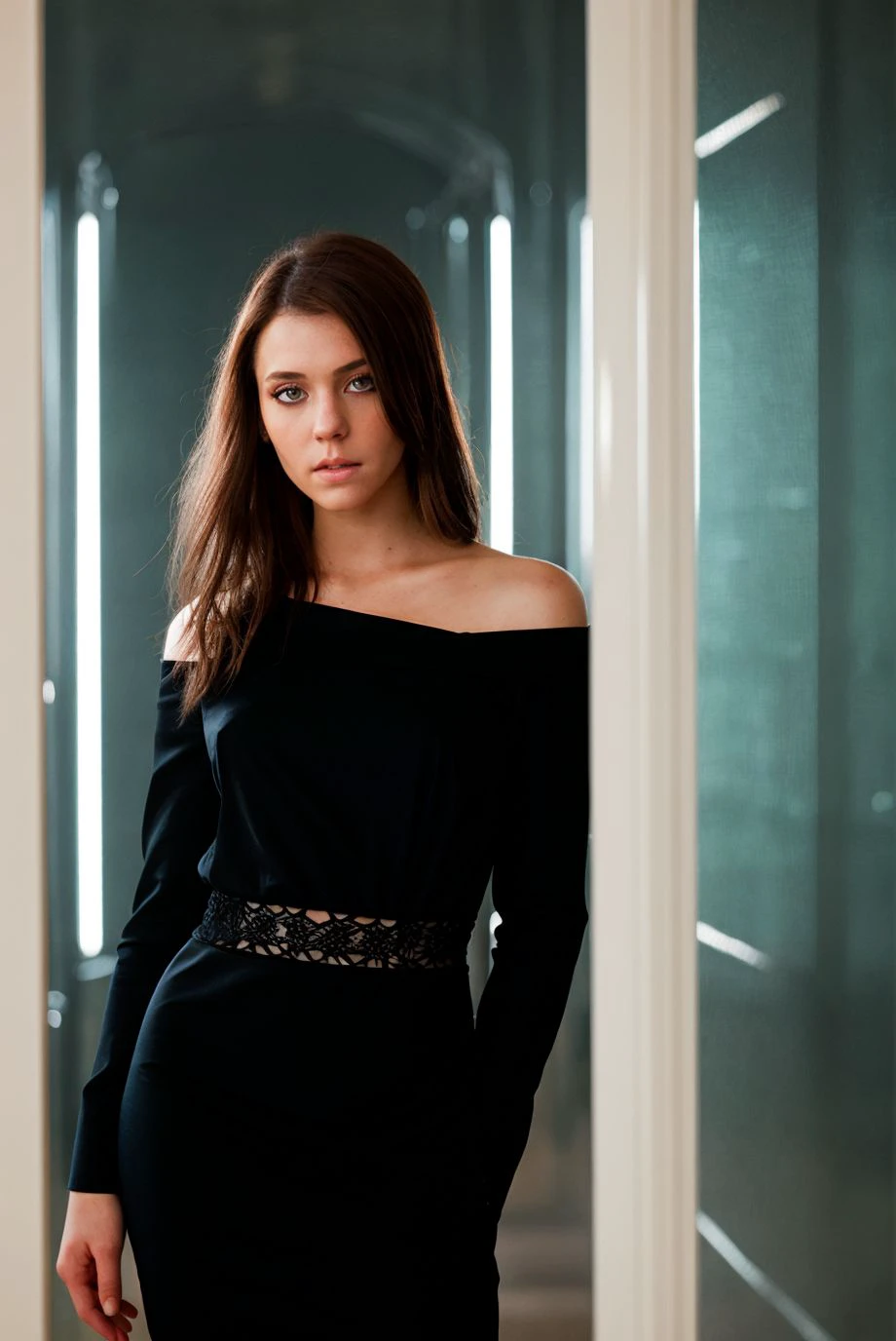 A stunning intricate full color portrait of a beautiful woman, wearing black dress, in a twilight chamber <lora:NightphotoV1-0:0.4>, , epic character composition,by ilya kuvshinov, alessio albi, nina masic,sharp focus, subsurface scattering, f2, 35mm, film grain <lora:kwinters15:1>