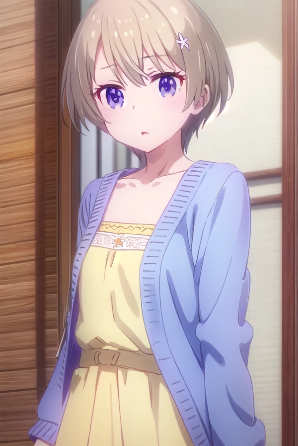 hotaruhoshikawa, <lora:hotaru hoshikawa s2-lora-nochekaiser:1>, 
hotaru hoshikawa, short hair, brown hair, hair ornament, hair between eyes, (purple eyes:1.1), flower, hair flower,
BREAK collarbone, cardigan, dress, yellow dress,
BREAK indoors, office,
BREAK looking at viewer, (cowboy shot:1.5),
BREAK <lyco:GoodHands-beta2:1>, (masterpiece:1.2), best quality, high resolution, unity 8k wallpaper, (illustration:0.8), (beautiful detailed eyes:1.6), extremely detailed face, perfect lighting, extremely detailed CG, (perfect hands, perfect anatomy),