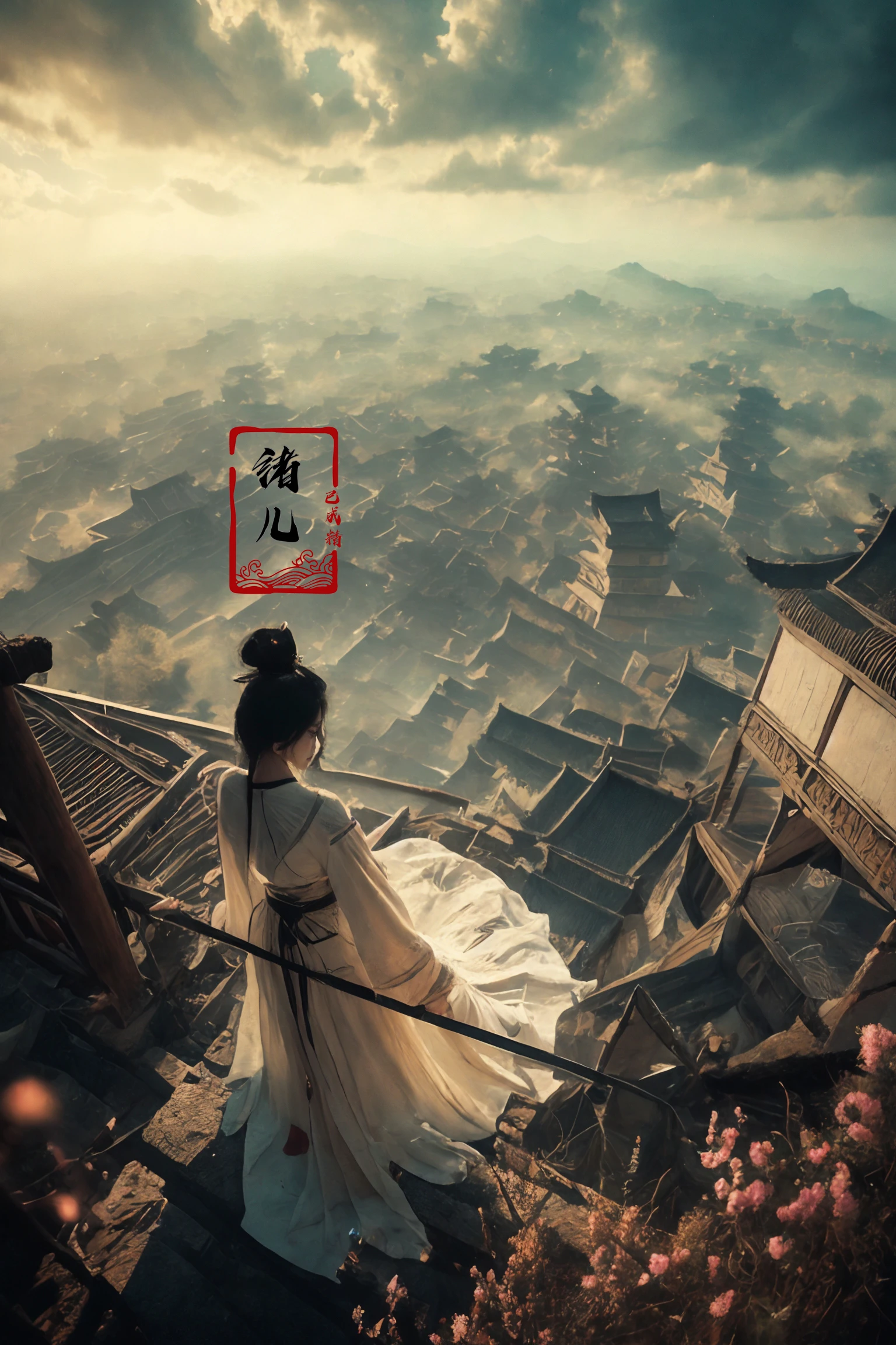 ultra high resolution, ((masterpiece))), (((best quality))), ((super detailed)),  ((extremely delicate and beautiful)),cinematic light, detailed environment(real), (wide shot, wide-angle lens,Panoramic:1.2),super vista, super wide AngleLow Angle shooting, super wide lens, Dynamic Angle, Perspective, High Point,pov(from above:1.1),
1girl, solo, east asian architecture,
designed by greg manchess,smoke, a model woman, bright eyes, glossy lips, futuristic gold face war paint, trending on art station, photoreal,
8 k, octane render by greg rutkowski,  art by Carne Griffiths and Wadim Kashin ,in the style of Dau-al-Set, Pollock, and inspired by MAPPA and Zdzislaw Beksinski,
<lora:~Q?N-VRQV2 xuer Ancient Chinese sword:0.8>