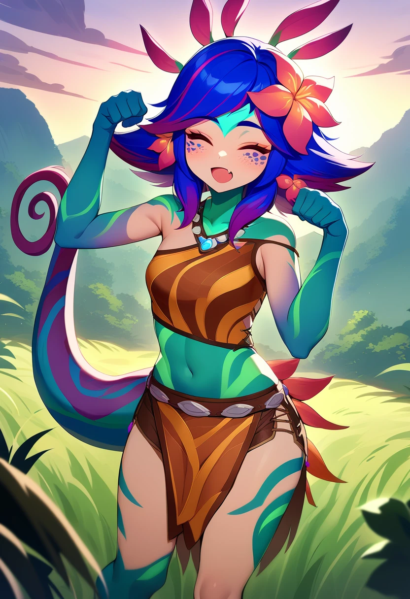 masterpiece, best quality, 1girl, anime style <lora:neeko-xl-nvwls-v1-000006:1> neeko, colored skin, multicolored hair, hair ornament, hair flower, necklace, brown crop top, midriff, brown shorts, loincloth, lizard tail, facial mark, forehead mark, closed eyes, :D, fang, paw pose, standing, jungle, sky, clouds, field, mountains