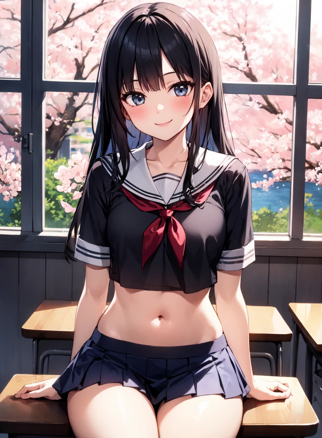 1girl, microskirt, miniskirt, long hair, thigh gap, skirt, navel, cowboy shot, 
indoors, <lora:RE-MicroSkirtV0.5-novae:0.7>, smile, sitting,, classroom, open window, cherry blossoms, river