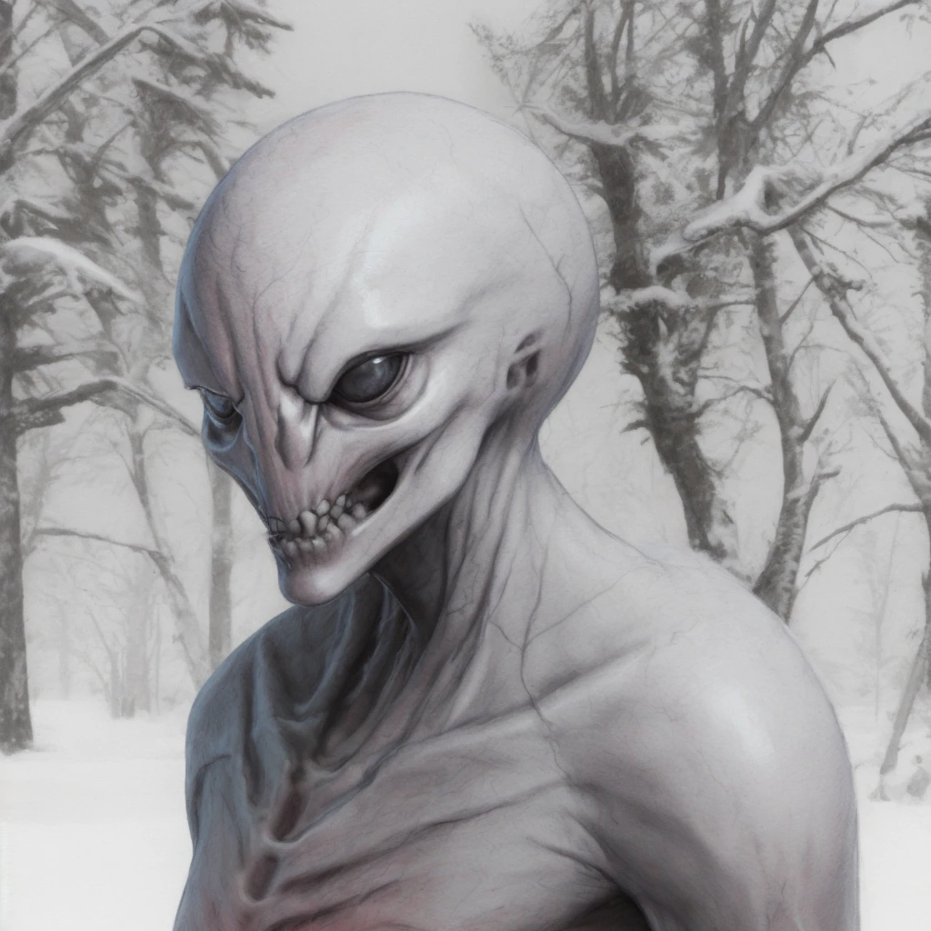 (pencil sketch:1.3) xcom sectoid, night winter forest, realistic, insane details, sneaking <lora:xcom_sectoid8:1>