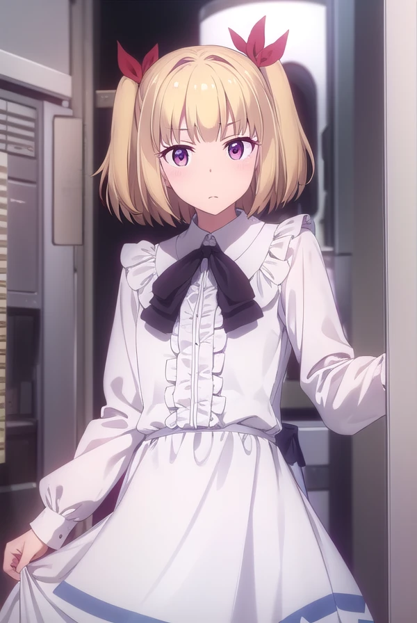 yunijima, <lora:yun ijima s2-lora-nochekaiser:1>,
yun ijima, short hair, blonde hair, (red eyes:1.3), ribbon, hair ribbon, two side up,
BREAK dress, white dress, collar, puffy sleeves, long sleeves, frills,
BREAK indoors, office,
BREAK looking at viewer, (cowboy shot:1.5),
BREAK <lyco:GoodHands-beta2:1>, (masterpiece:1.2), best quality, high resolution, unity 8k wallpaper, (illustration:0.8), (beautiful detailed eyes:1.6), extremely detailed face, perfect lighting, extremely detailed CG, (perfect hands, perfect anatomy),