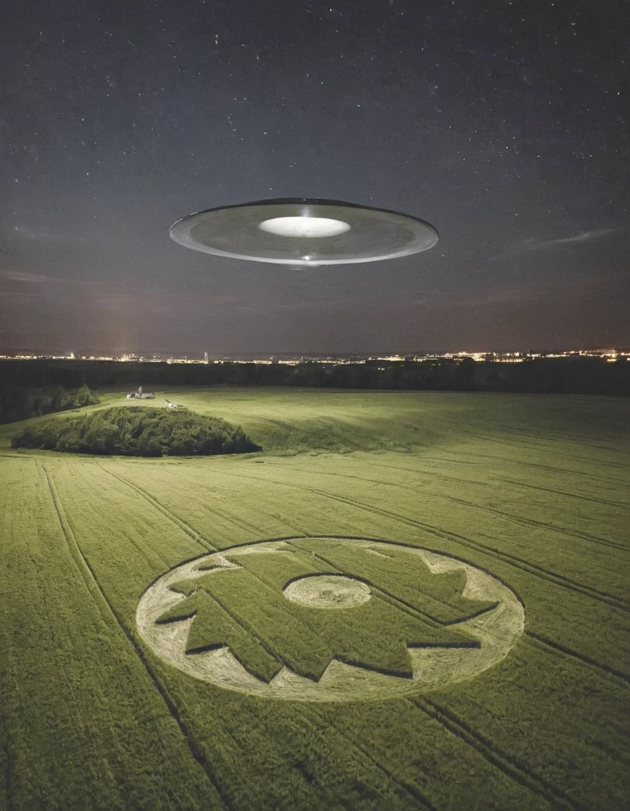 realistic photograph of field with a crop circle at (night:1.5) with a silver flying saucer hovering above