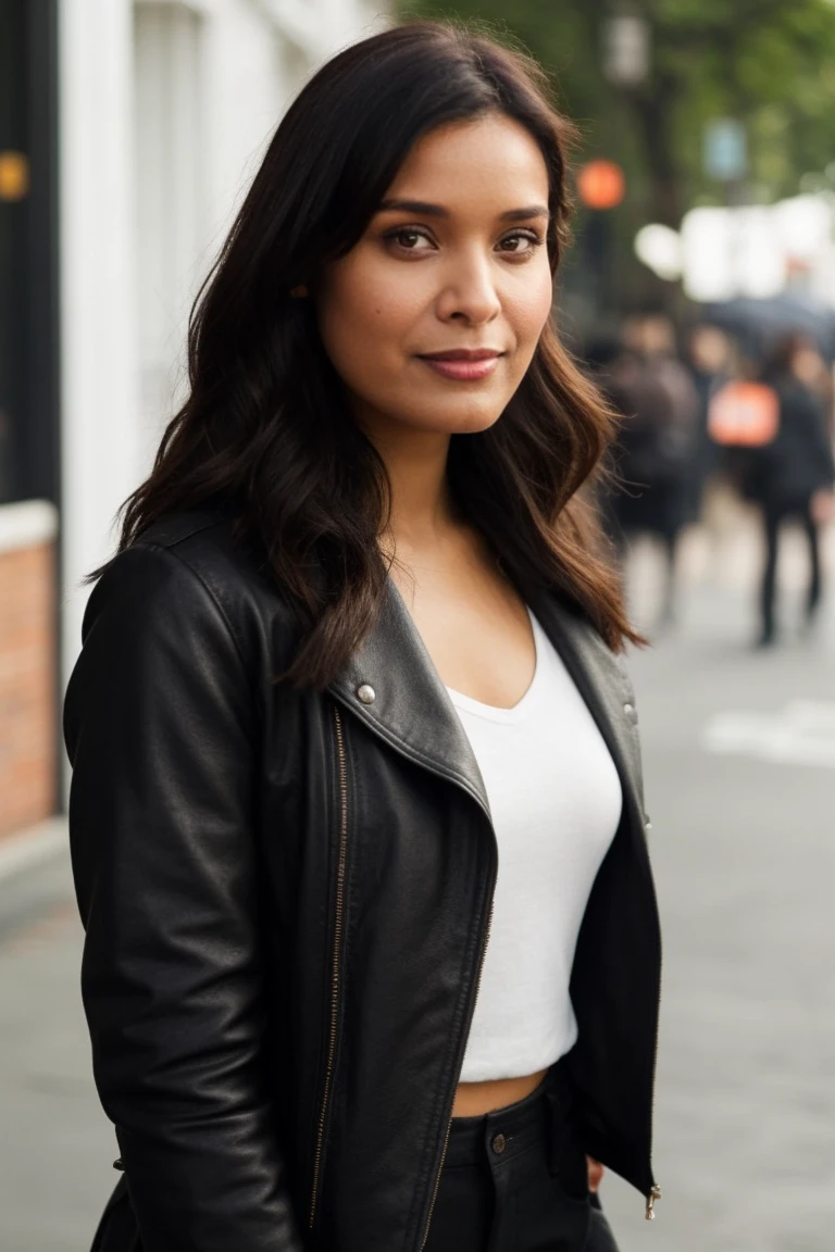 <lora:mondongo_LoRA_ShelleyConn:1> mndngwmn, wearing makeup, (3/4 body), wearing a leather jacket, on the street
