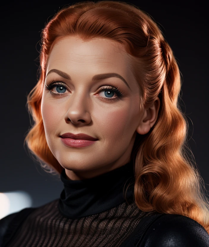 l3c0b3o, Ultra-HD-details, Black background, smile, detailed eyes, 50s dress, cotton hair, 40s makeup, 50s style, Necklace, jewelry, ((Turtleneck red)), intricate
