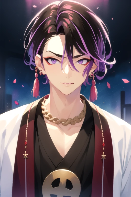 (best quality:1.1), (masterpiece:1.4), game cg, looking at viewer, upper body, depth of field, (watercolor illustration, soft pastel colors:1.1), , 1boy, solo, male focus, <lora:iori_suiseki:0.82>, iori_suiseki, black hair, purple eyes, short hair, multicolored hair, , hair between eyes, , , , japanese costume, The Valley of the Damned,