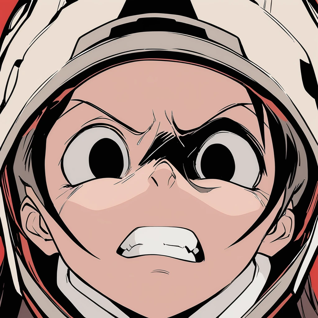 masterpiece, best quality, aokizy, portrait, helmet, 1girl, flat color, clenched teeth, black eyes, red background, long hair, <lora:aokizy_xl:0.8>