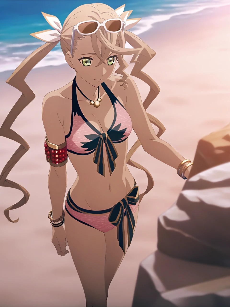 adswim, blonde hair, long hair, twintails, green eyes, pink bikini, front-tie bikini top, necklace, sunglasses, armlet, bracelet, eyewear on head, 1girl, solo
BREAK
beach, crystal clear ocean water, sandy shores, depth of field, cinematic, game cg, anime screencap, official art, masterpiece, best quality
<lora:dsalisha_a3b:1>