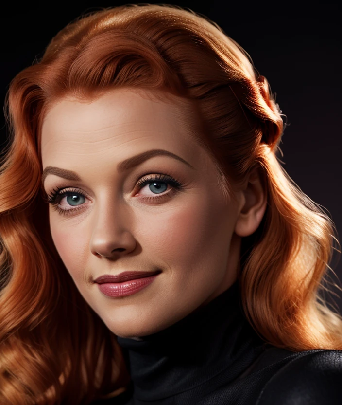 l3c0b3o, Ultra-HD-details, Black background, smile, detailed eyes, 50s dress, cotton hair, 40s makeup, 50s style, Necklace, jewelry, ((Turtleneck red)), intricate