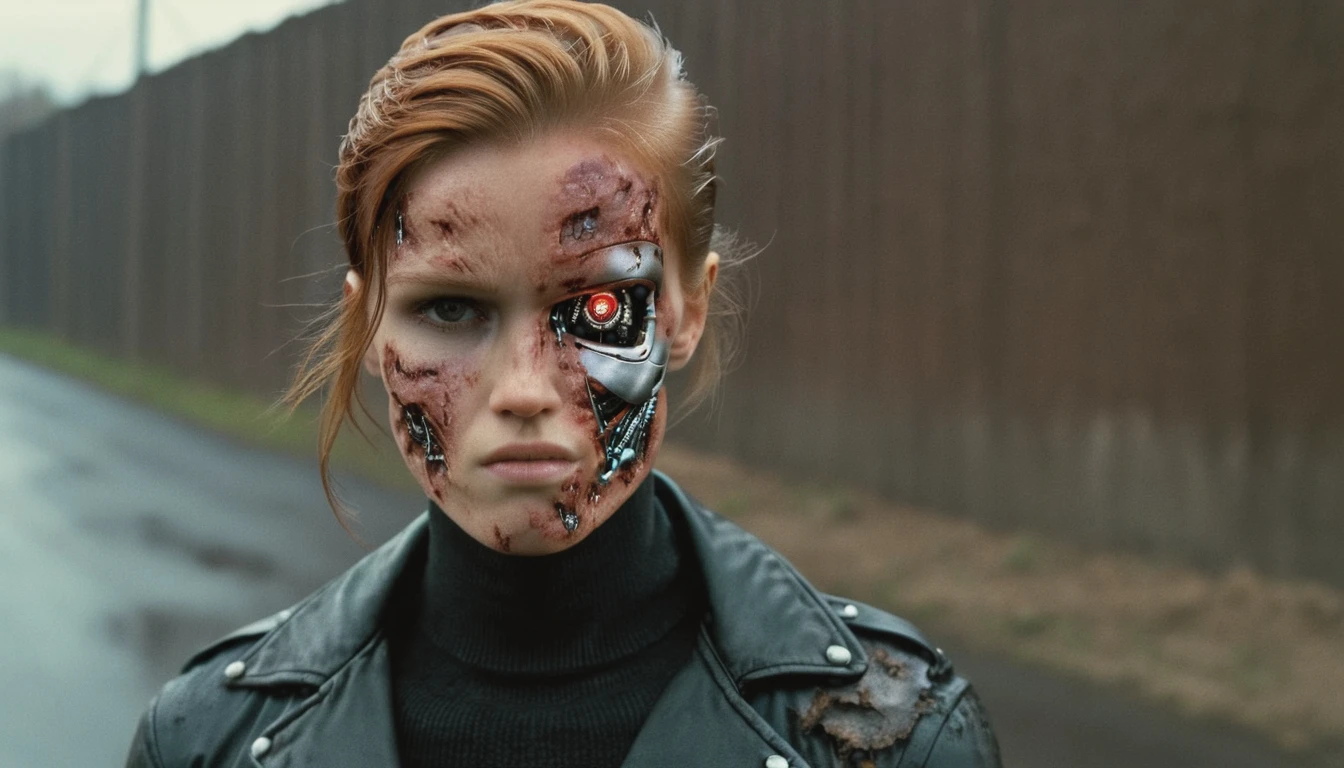 close up photograph shot of a natural redhead country woman 18 year old she is a damaged terminator with half the face damaged, wearing a black sweater with a leather jacket on top, in a stree,  cinematic, high quality, HD, sharp focus, detailed skin,<lora:CDD2D88D1B:1.3>