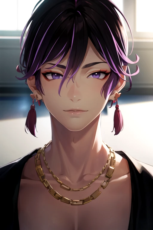 photorealistic, (4k), depth of field, (Masterpiece), (realistic skin texture), extremely detailed, intricate, hyper detailed, high resolution, professional photography, bokeh, depth of field, sharp detail, best quality, looking at viewer, 1boy, solo, male focus, <lora:iori_suiseki:0.78>, iori_suiseki, black hair, purple eyes, , multicolored hair, , , , jewelry, earrings, , The Island of Dreams: A place where all your deepest desires come true, 4k resolution